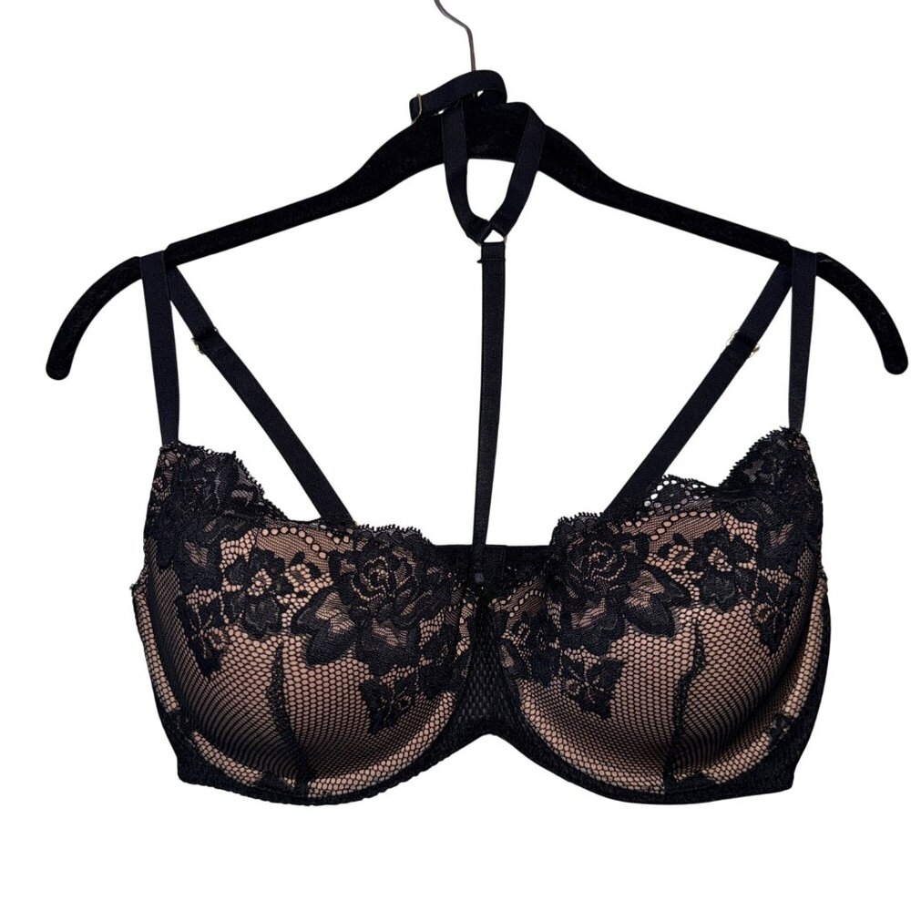 Adore Me Lace & Mesh Bra Black Floral Design 38DD
